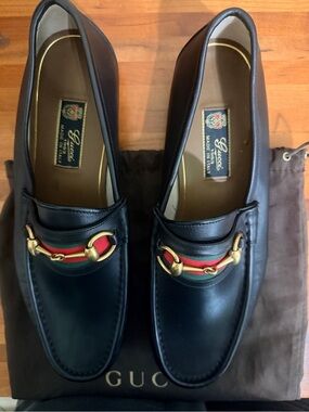 Gucci Black Leather Como Loafers with Red-Green Web & Gold Horsebit